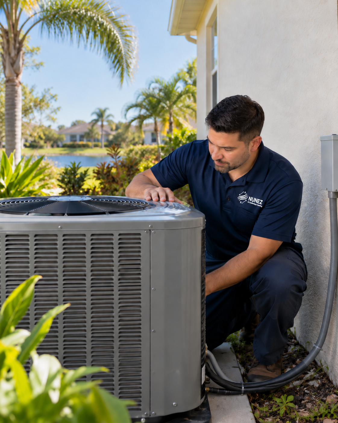 Nunez technician servicing a residential air conditioning unit