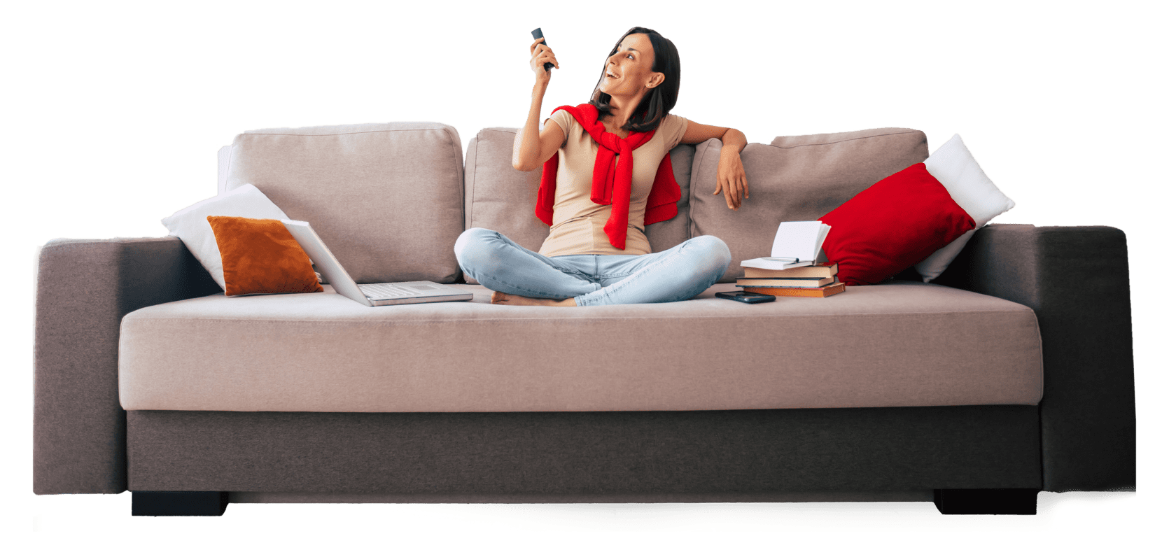 Woman relaxing on a couch in a cool, comfortable home